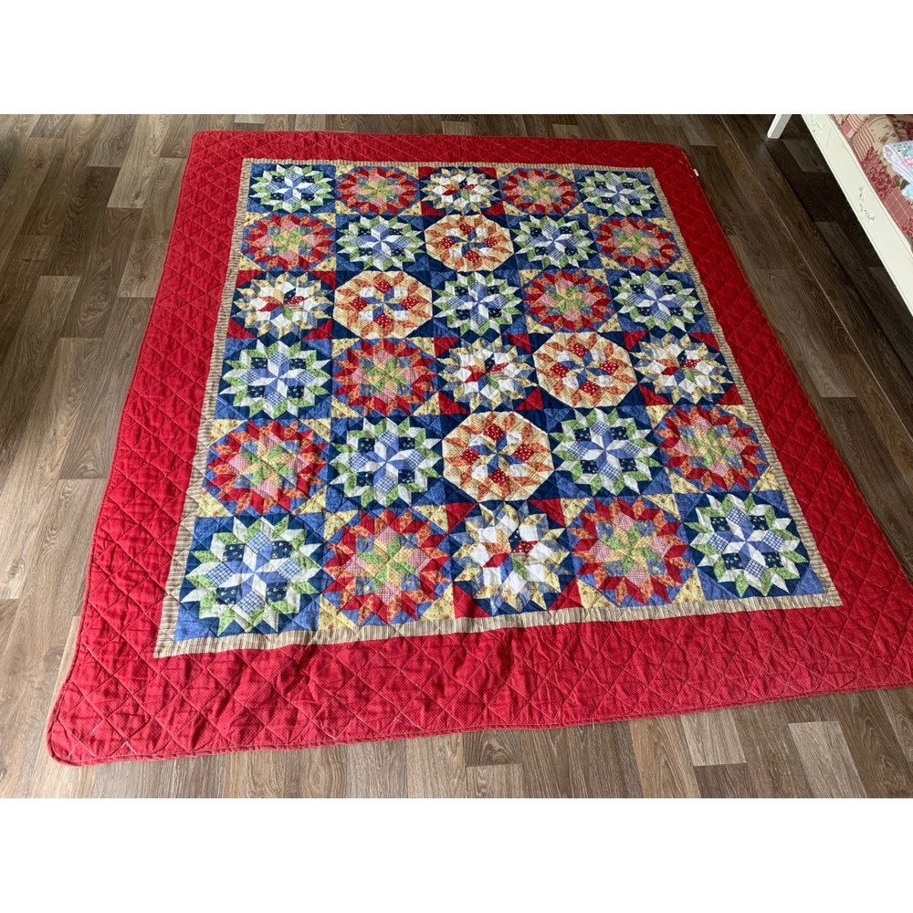 Vintage Walmart Star Patchwork Quilt Red Blue Green Floral Polka Dot Bedspread - Picture 3 of 12